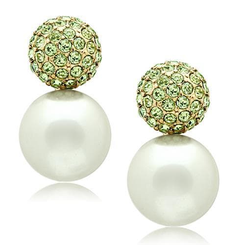 Brass Gold Green Peridot Crystal Ball Pearl Double Studs Earrings