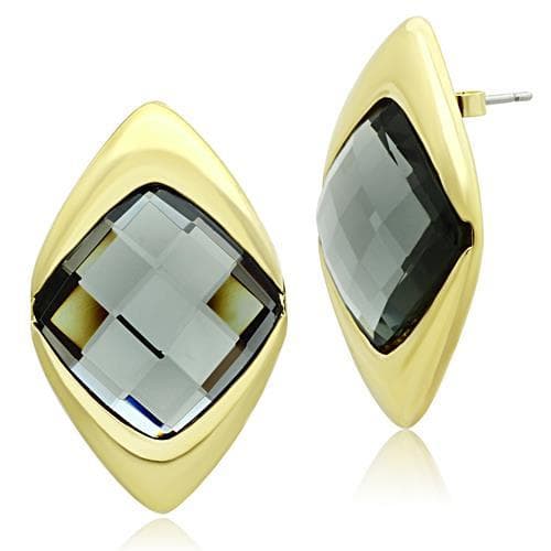 Brass Gold Smoky Grey Crystal Diamond Shape Studs Ring