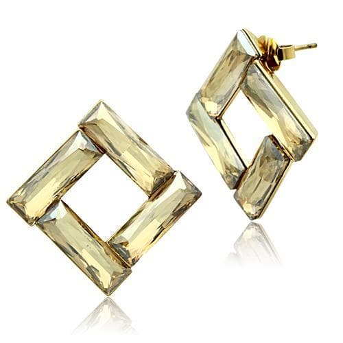 Brass Gold Champagne Crystal Open Square Geometric Hoops Ring
