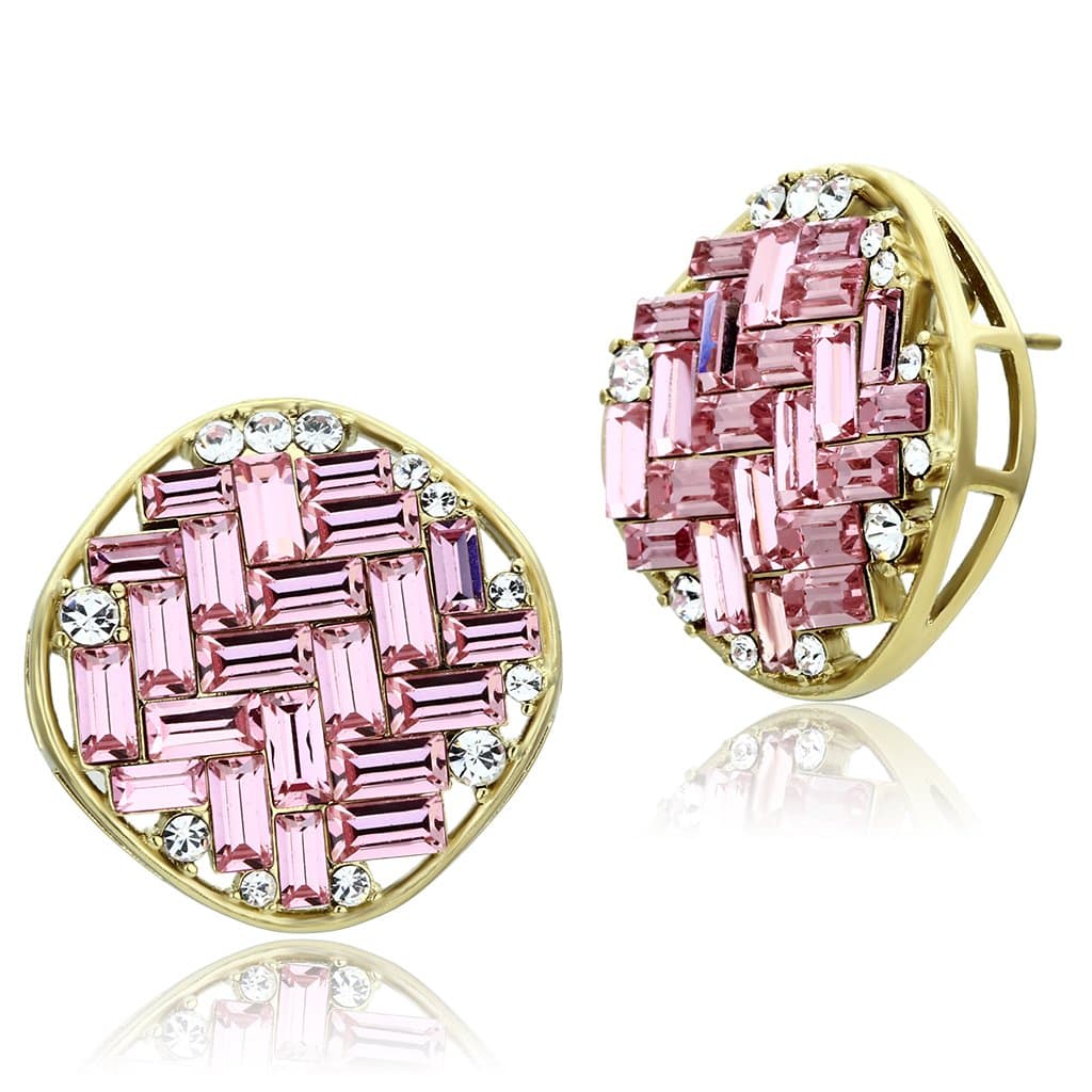 Brass Gold Pink CZ Baguette Round Circle Studs Earrings
