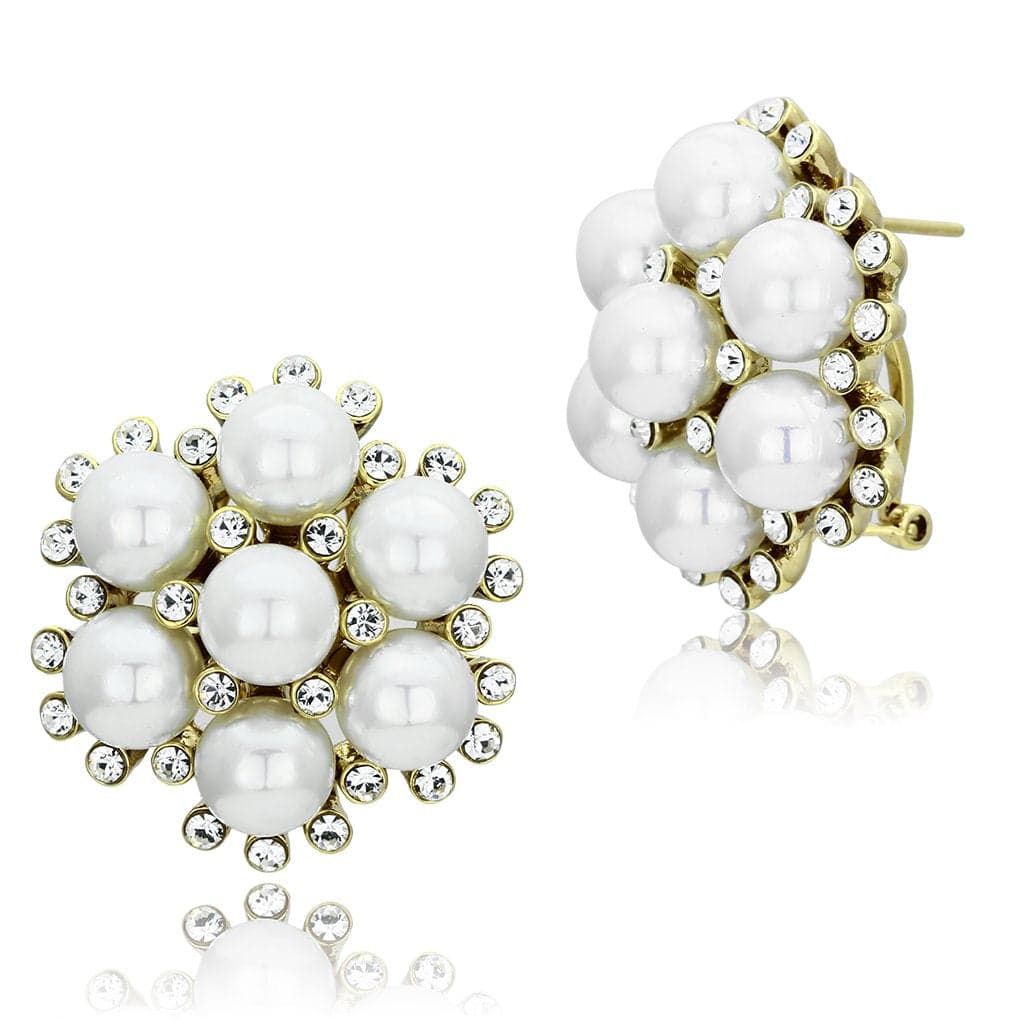Brass Gold Pearl Cluster Flower Round Studs Earrings