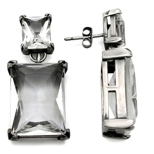 Brass Grey CZ Rectangle Emerald Cut Drop Studs Earrings