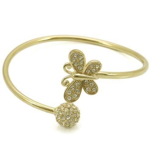 Brass Gold CZ Pave Butterfly Ball Open Bangle Bracelet