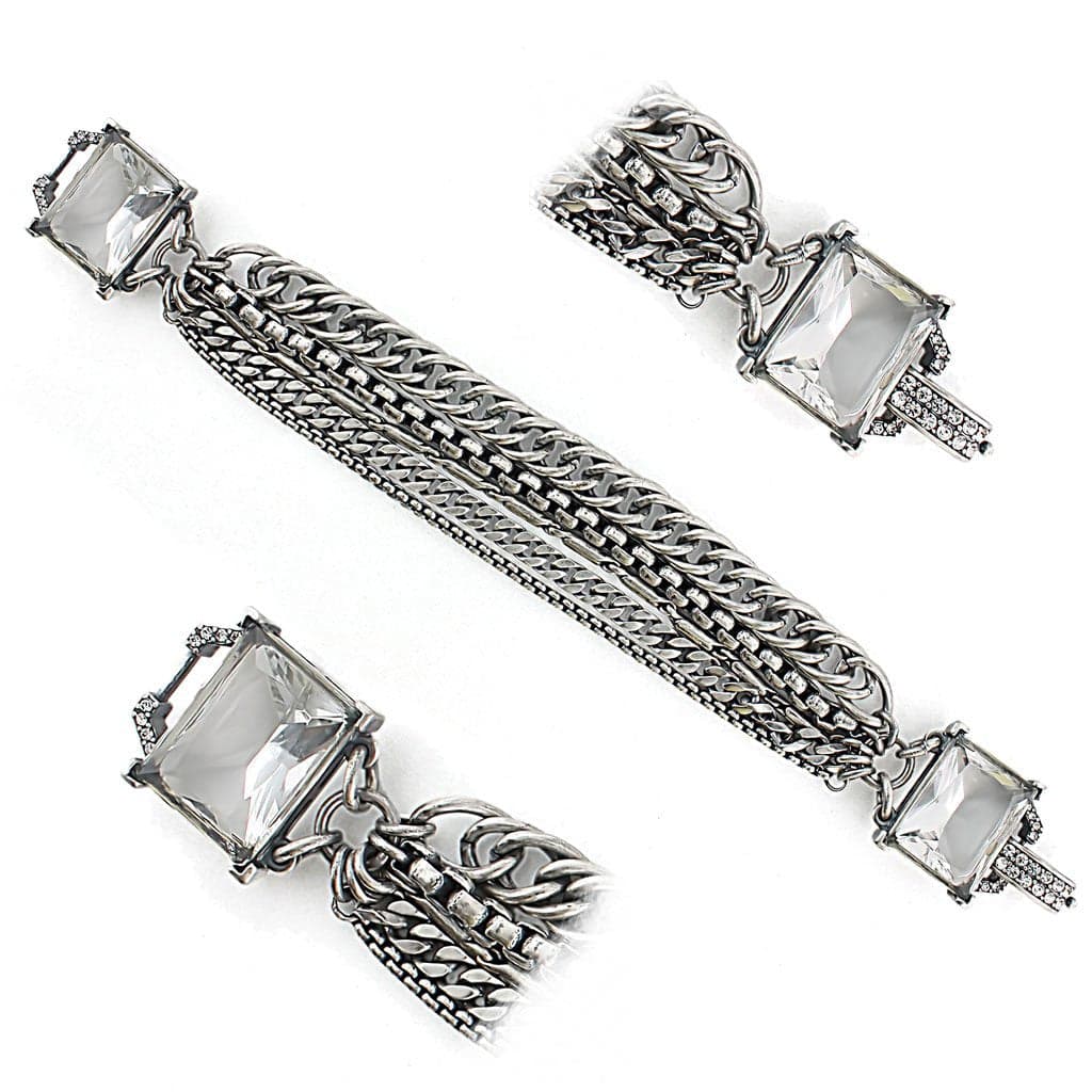 Brass Silver Crystal Emerald Cut Chain Station Bracelet