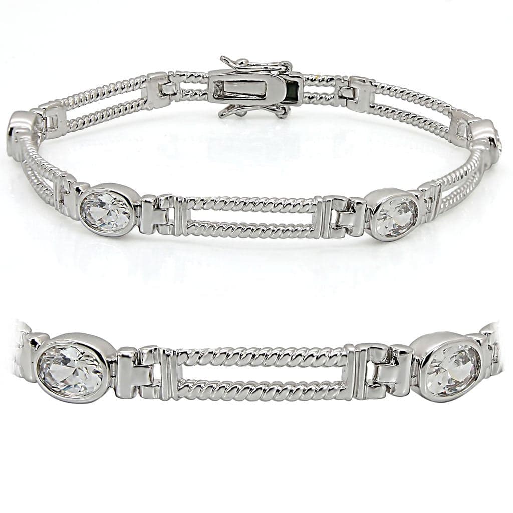 Brass Silver CZ Oval Bezel Rope Chain Bracelet