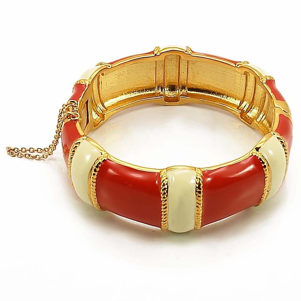 Brass Gold Red Cream Enamel Segmented Hinged Bangle Bracelet
