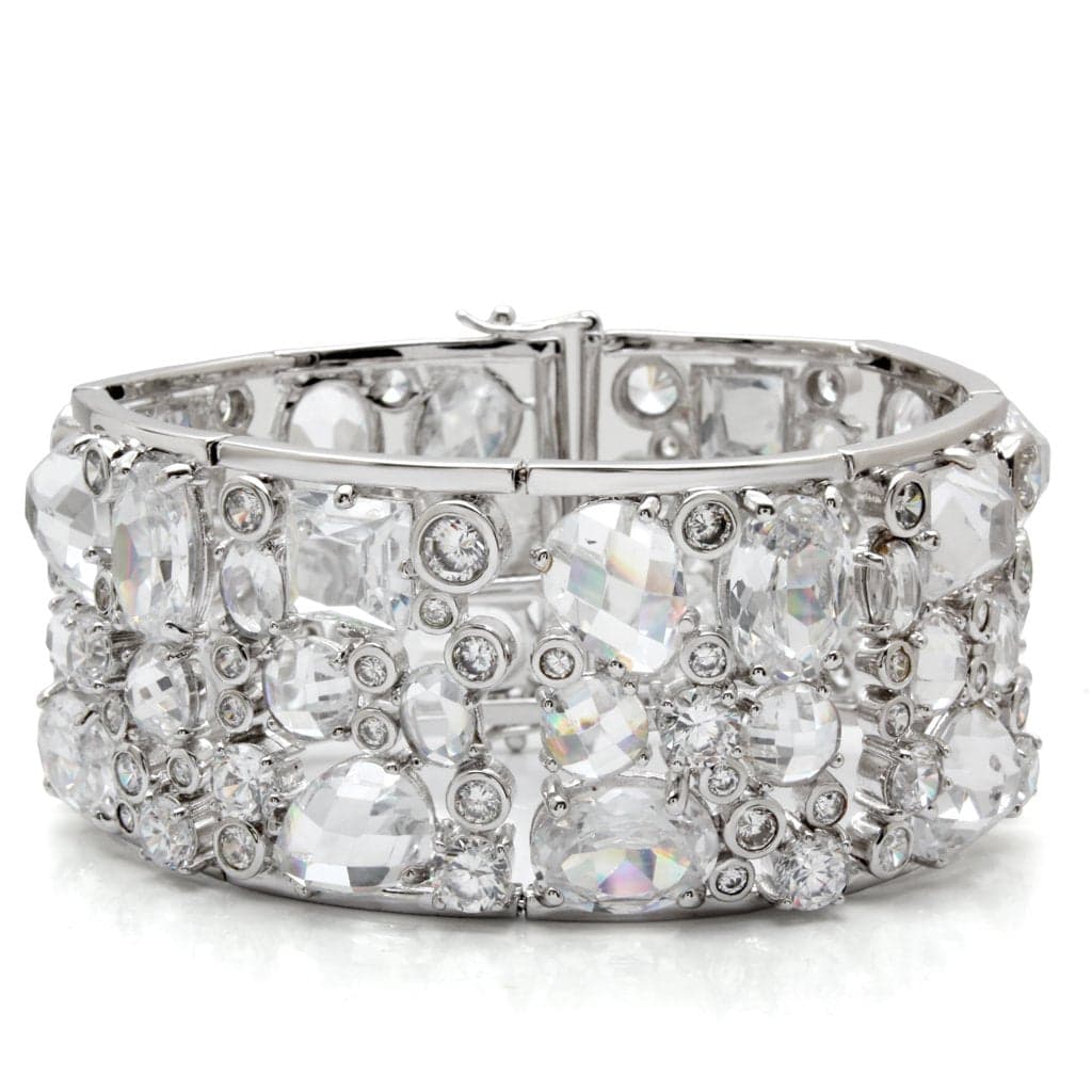 Brass Silver Clear CZ Mixed Cut Wide Stretch Bracelet