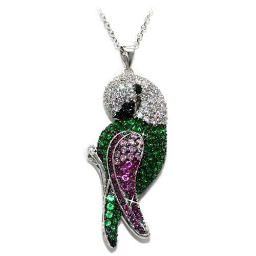 Brass Silver Green Pink CZ Pave Parrot Bird Pendant