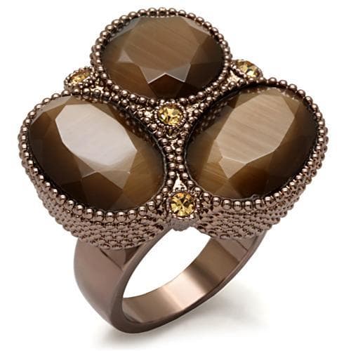Brass Chocolate Brown Cat Eye Triple Stone Crystal Cocktail Ring