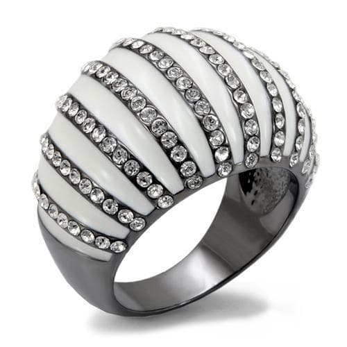 Brass Gunmetal White Enamel Crystal Stripe Dome Cocktail Ring