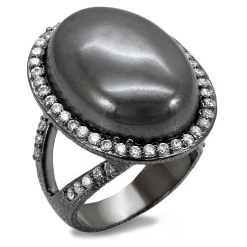Brass Gunmetal Grey Pearl Oval Crystal Halo Cocktail Ring