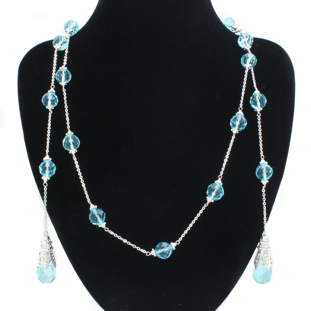 Brass Silver Blue Crystal Bead Long Station Necklace