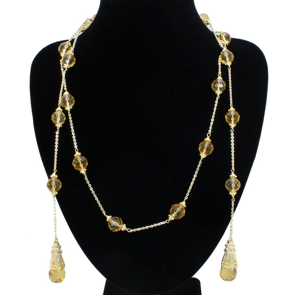 Brass Gold Champagne Crystal Bead Long Station Necklace