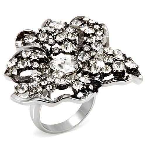 Brass Gunmetal Crystal Pave Rose Flower Cocktail Ring