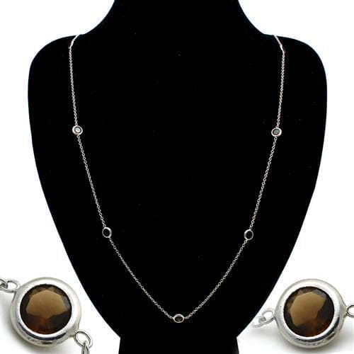 Brass Silver Smoky Topaz Round Bezel Station Necklace