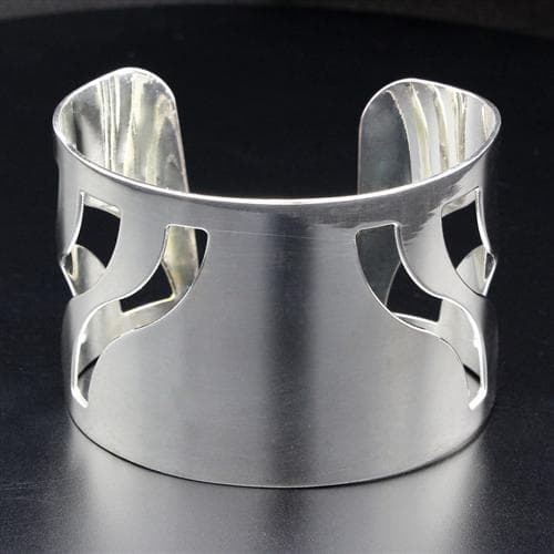 Brass Silver Polished Wave Cutout Wide Cuff Bracelet