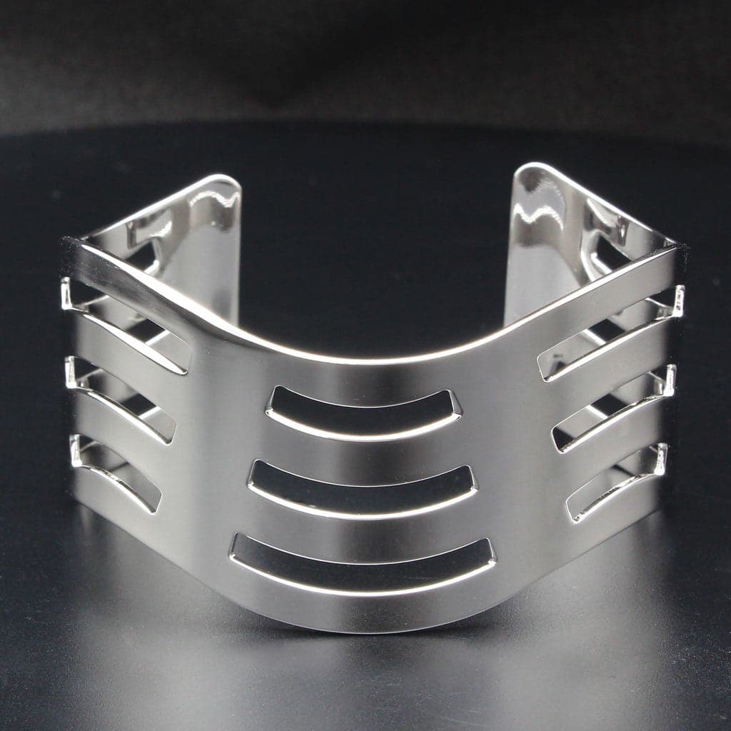 Stainless Steel Silver Polished Angular Slot Cutout Wide Bracelet
