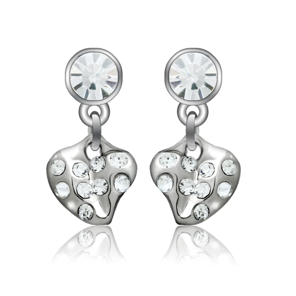 Brass Silver CZ Heart Drop Stud Earrings | The Stainless Jewelry