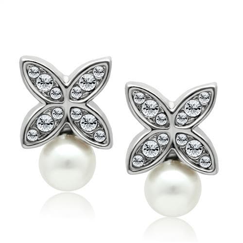 Brass Silver CZ Pave Four Petal Pearl Stud Earrings