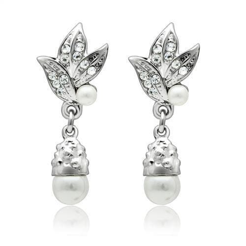 Brass Silver CZ Leaf Pearl Drop Earrings | The Stainless Jewelry