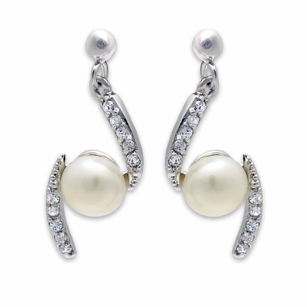Brass Silver CZ Curved Bar Pearl Drop Earrings