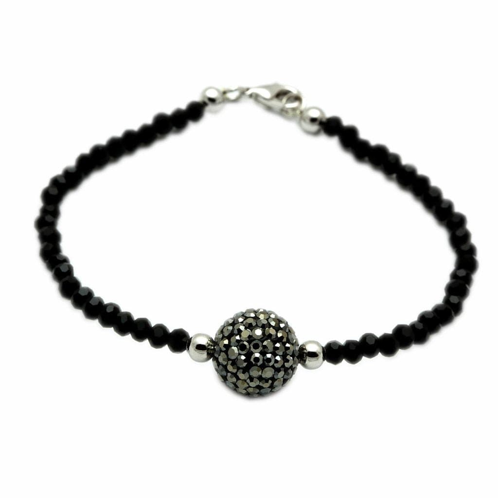 Brass Black Crystal Bead Grey Pave Ball Bracelet