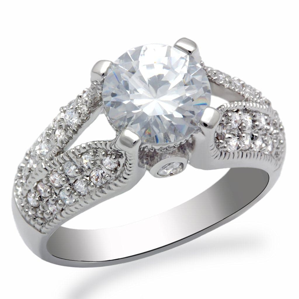 Brass Silver CZ Round Vintage Ornate Solitaire Ring