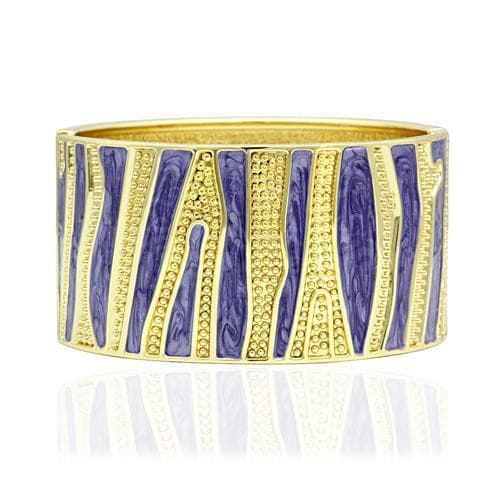 Brass Gold Purple Enamel Zebra Stripe Wide Bangle Bracelet