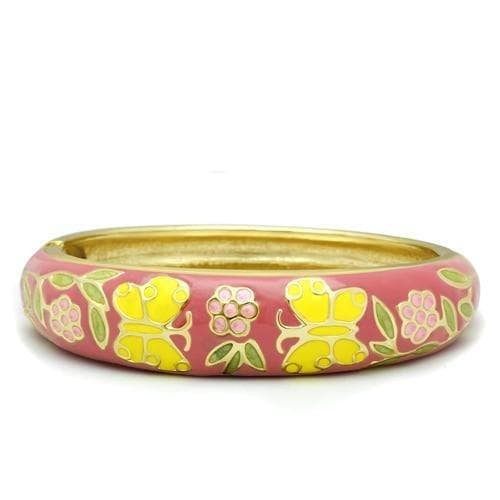 Brass Gold Pink Enamel Yellow Butterfly Flower Hinged Bracelet