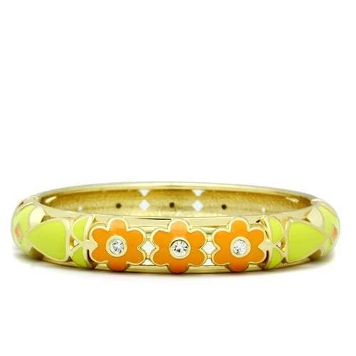 Brass Gold Green Orange Enamel Flower Crystal Hinged Bracelet