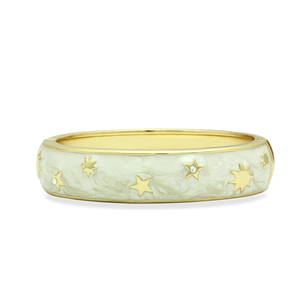 Brass Gold White Enamel Star Pattern Hinged Bangle Bracelet