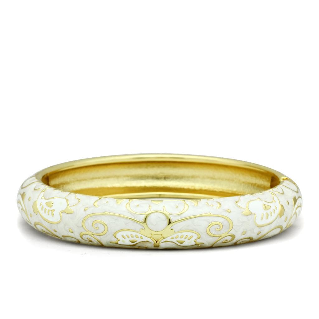 Brass Gold White Enamel Scroll Vine Pearl Hinged Bangle Bracelet