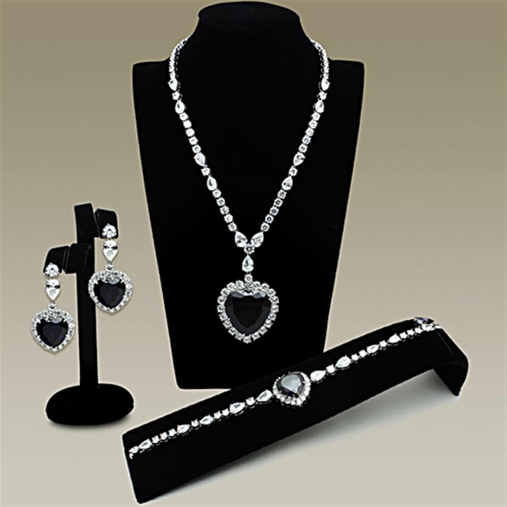 Brass Dark Grey CZ Heart Pendant Statement Jewelry Set Pendant