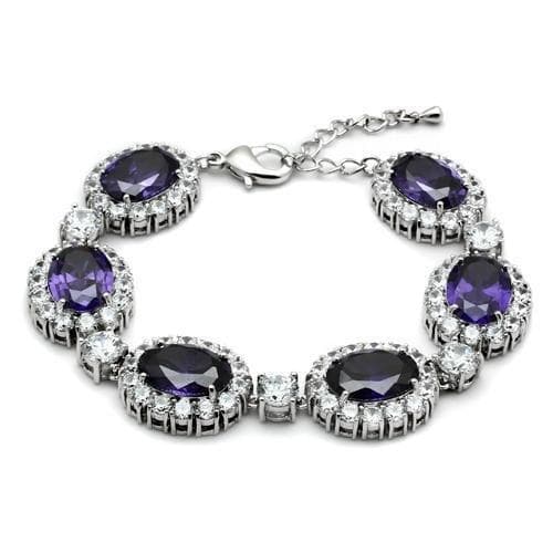 Brass Silver Amethyst Purple CZ Oval Halo Link Bracelet