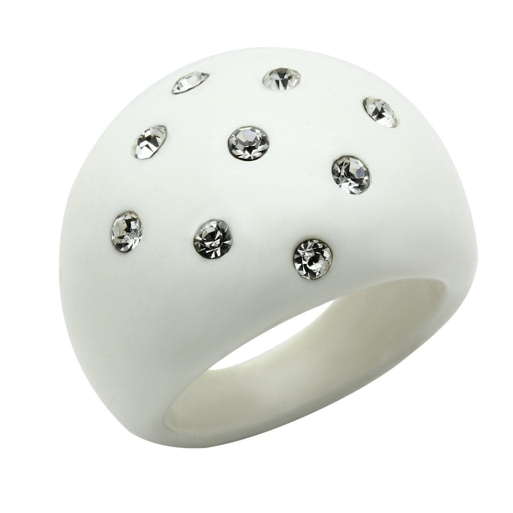 Stainless Steel White Resin Clear Crystal Polka Dot Dome Ring