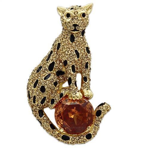Brass Gold Champagne Crystal Leopard Cat Figure Brooch