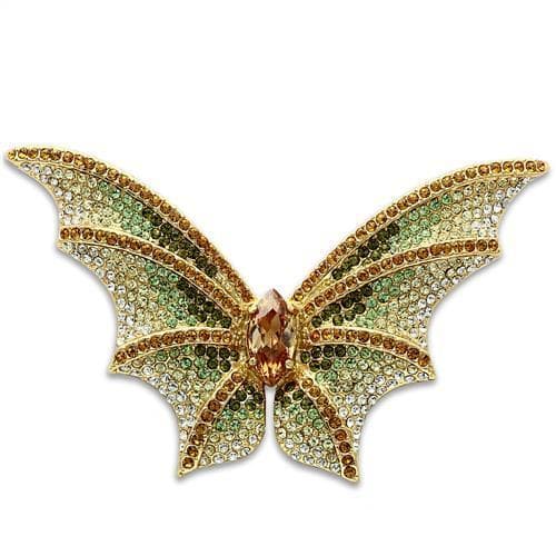 Brass Gold Green Crystal Pave Butterfly Brooch