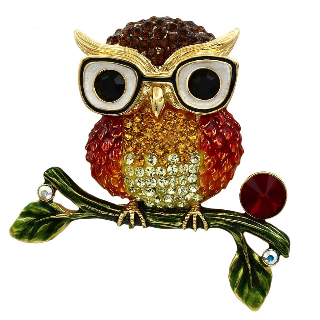Brass Gold Crystal Pave Owl on Branch Figure Brooch