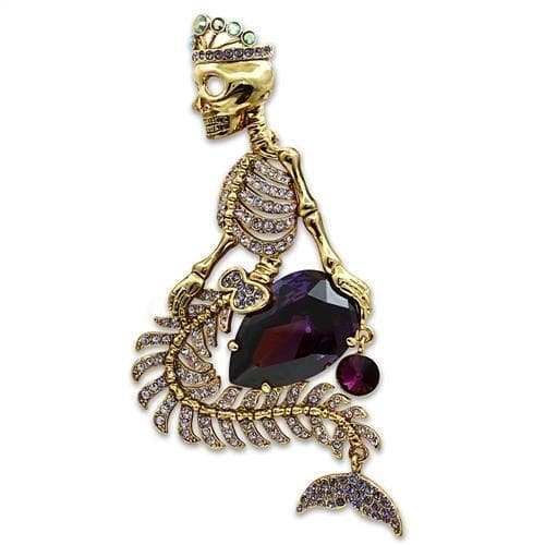 Brass Gold Crystal Pave Pirate Skull Drop Brooch
