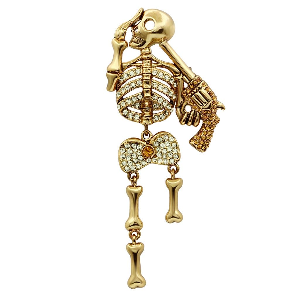 Brass Gold Crystal Pave Pirate Skeleton Gun Brooch