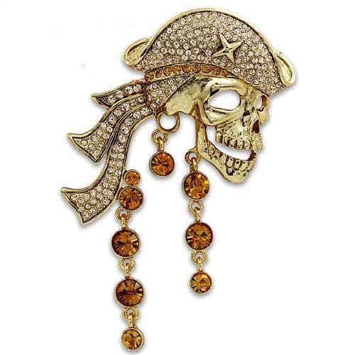 Brass Gold Crystal Pave Pirate Skull Pistol Brooch