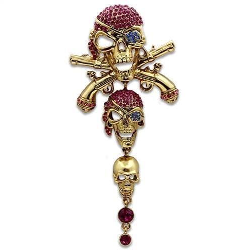 Brass Gold Pink Crystal Pirate Skull Crossbones Brooch
