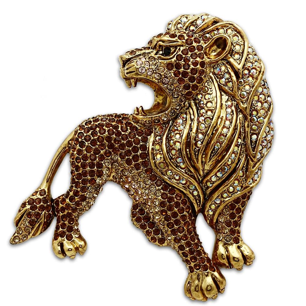 Brass Gold Crystal Pave Roaring Lion Figure Brooch