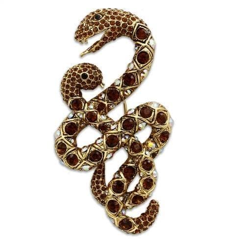 Brass Gold Crystal Pave Coiled Snake Figure Brooch