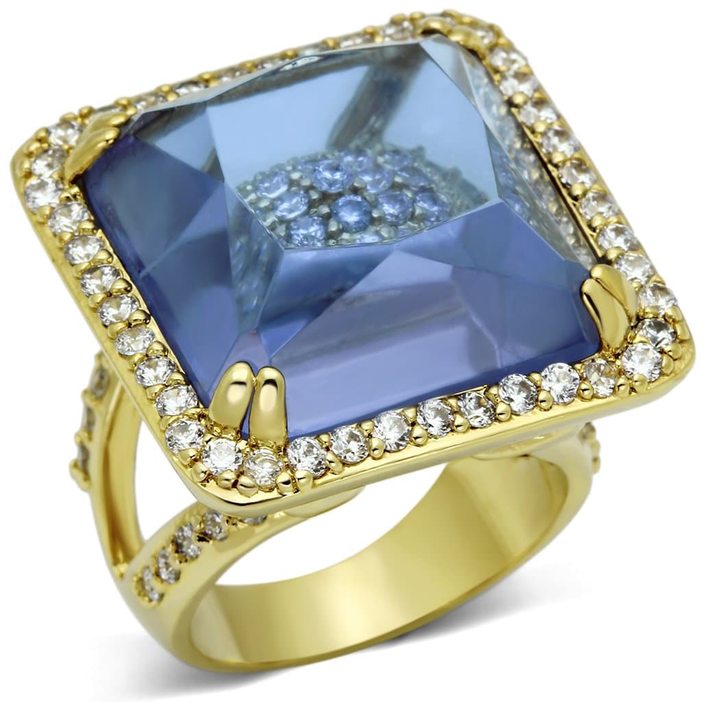 Brass Gold Blue Sapphire Square CZ Halo Cocktail Ring
