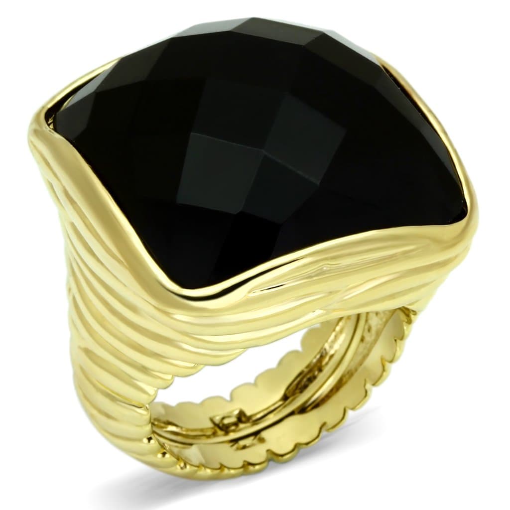 Brass Gold Black Onyx Faceted Cushion Wide Dome Cocktail Ring