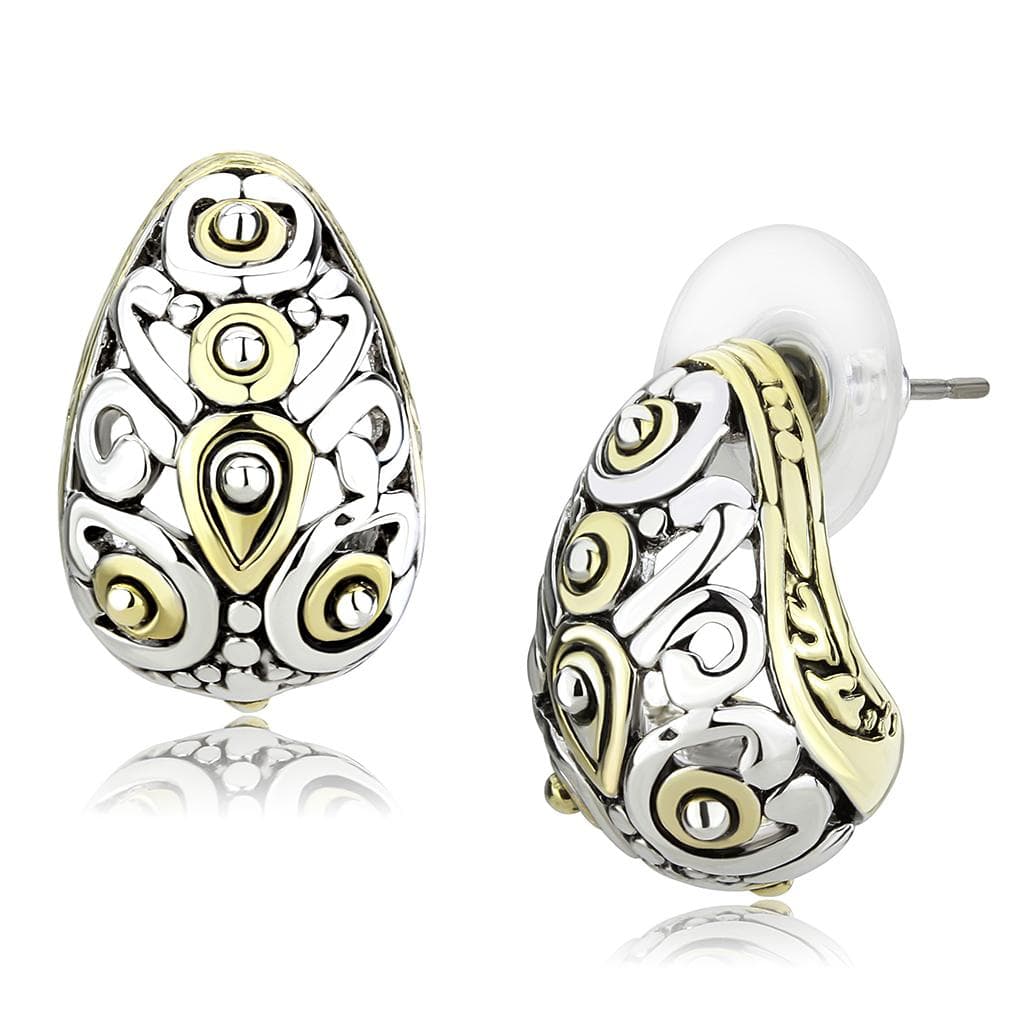 Brass Two Tone Gold Silver Filigree Scroll Teardrop Stud Earrings