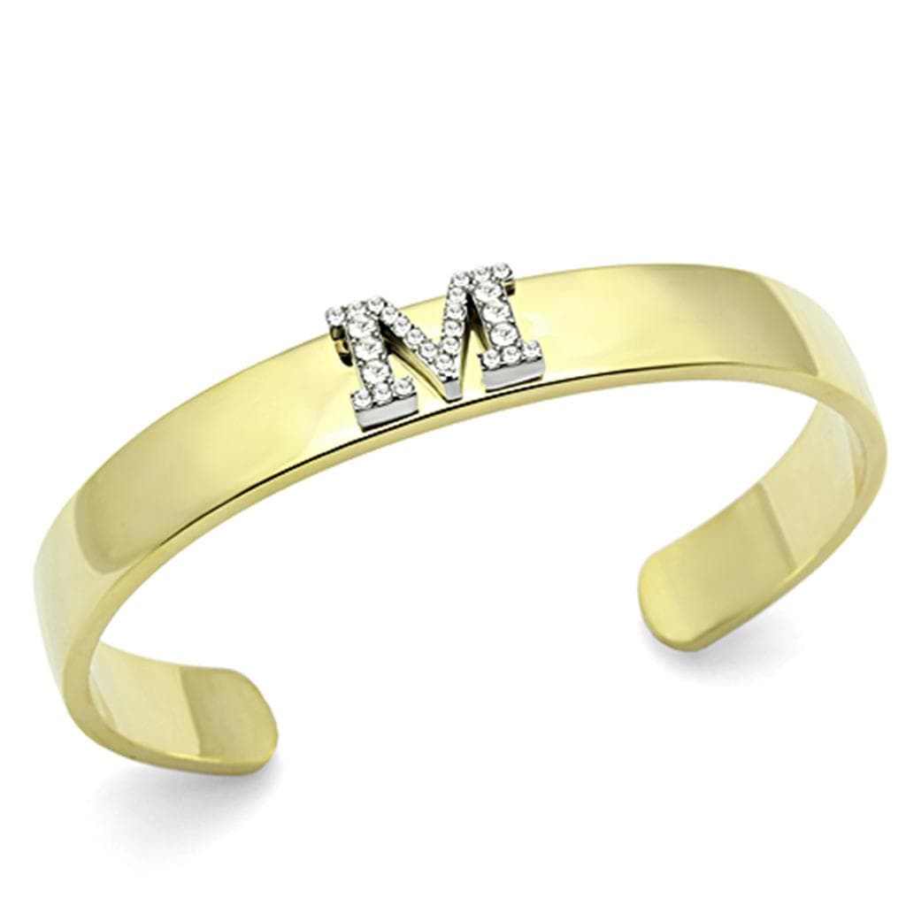 Brass Gold CZ Initial Letter M Open Cuff Bracelet