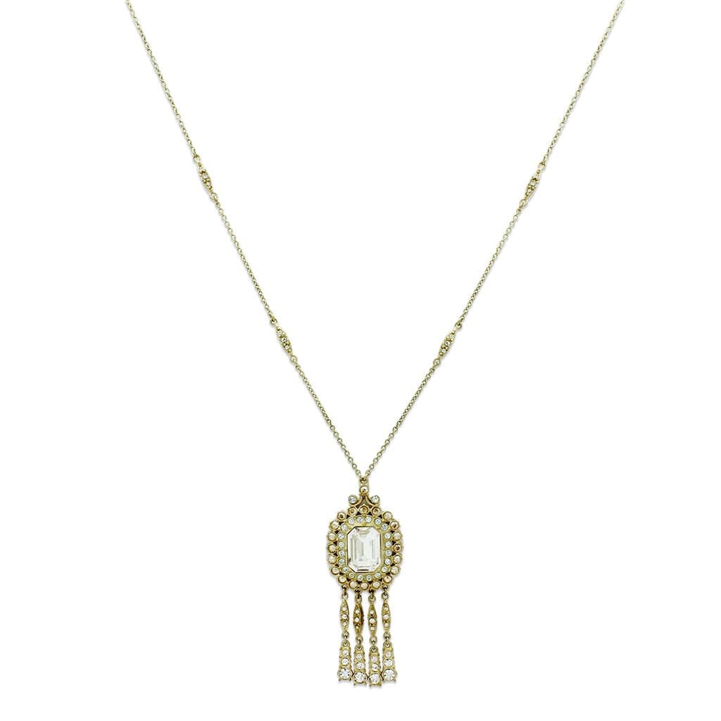 Brass Gold Crystal Oval Cabochon Fringe Drop Pendant Necklace