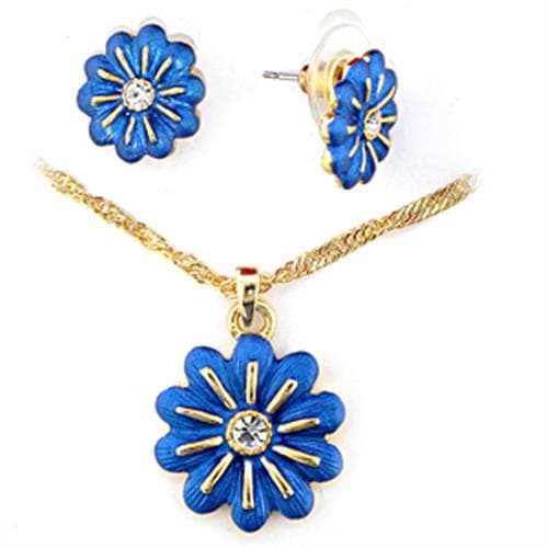 Brass Gold Blue Enamel Flower Stud Earring Pendant Necklace Set